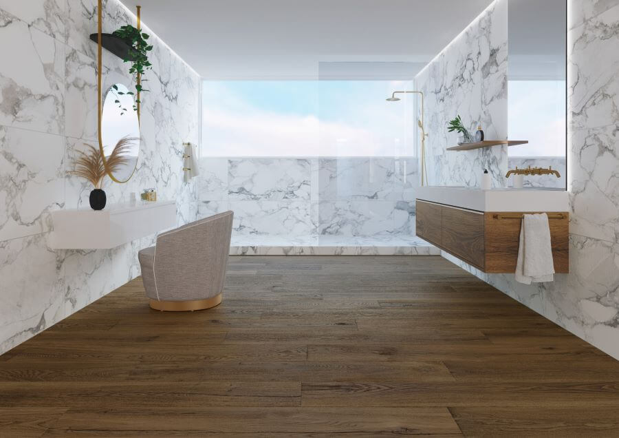 SEASON-PECAN-OAK-WOOD-EFFECT-PORCELAIN-TILES. Image shows dark brown oak wood effect porcelain tiles in bathroom