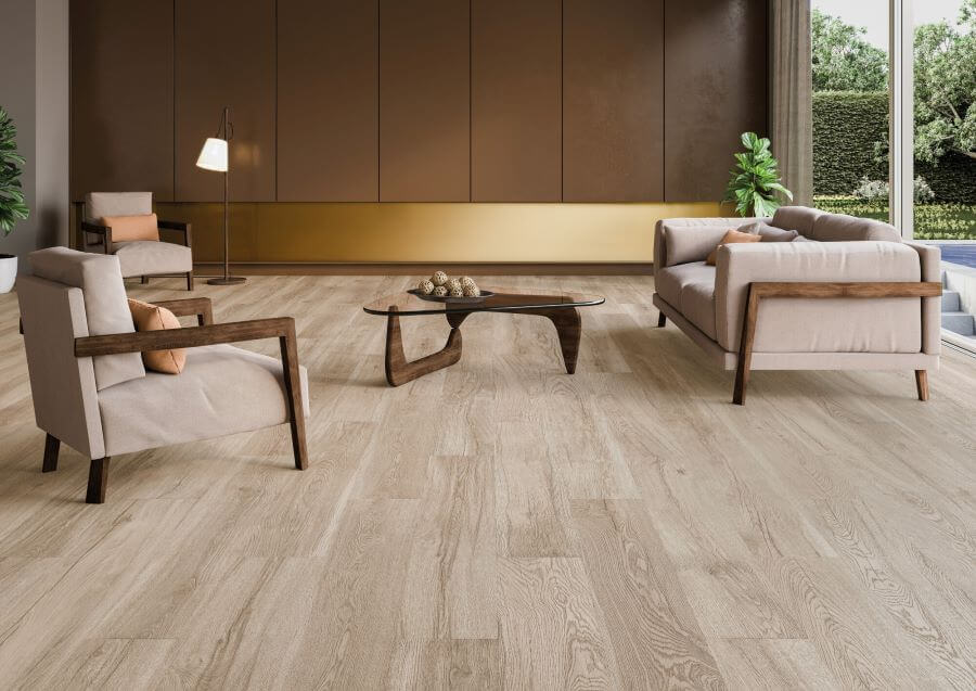 SEASON-TAUPE-OAK-WOOD-EFFECT-PORCELAIN-TILES. Image shows taupe oak wood effect porcelain tiles in lounge with sofas and table.