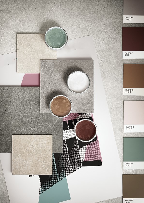 MOOD-BOARD. Image shows mood board with tile samples and paint samples