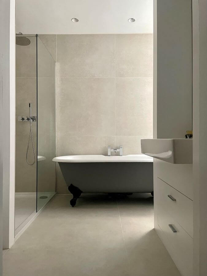 Metro Bone. Image shows project with metro bone large tiles in bathroom