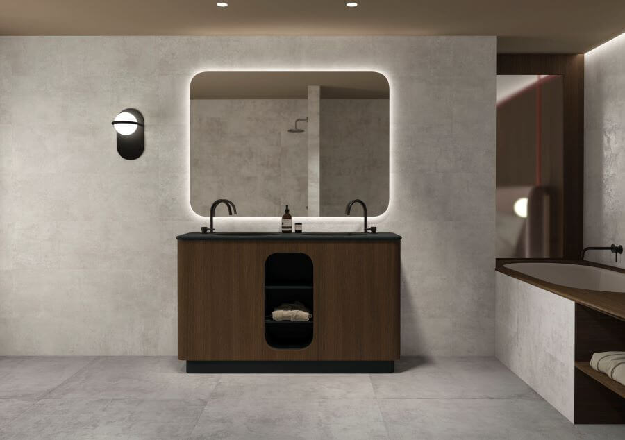 BEAT-GREY-CEMENT-LOOK-PORCELAIN-TILE-BATH. Image shows bathroom with large grey tiles