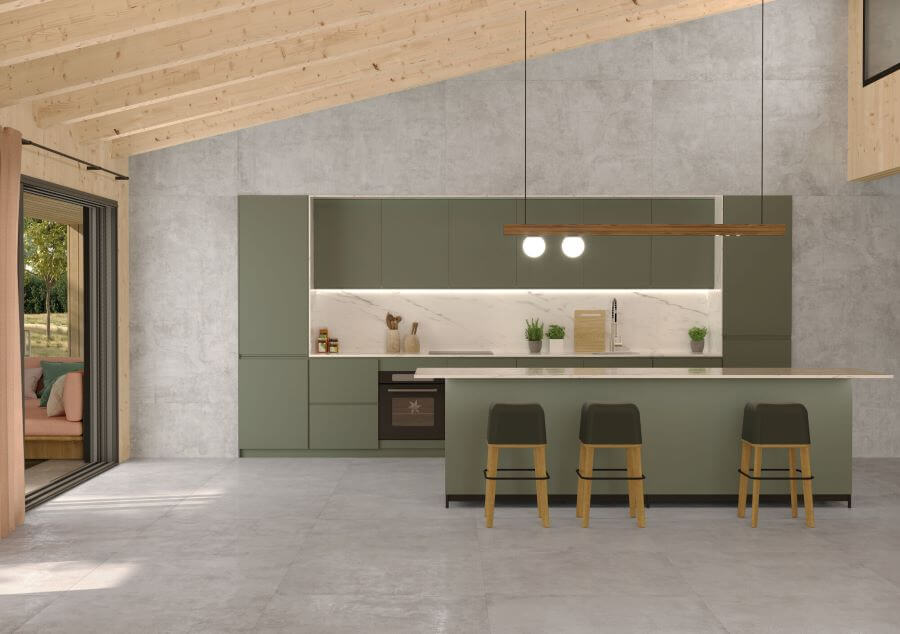 Beat Grey cement look porcelain tile. Image shows grey tiles in kitchen