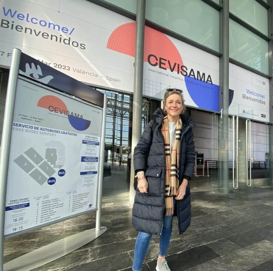 CEVISAMA. Image shows lady outside entrance to exhibition