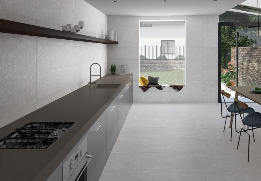 DOCKLANDS-CEMENT-PORCELAIN-TILES-WHITE-2. Image shows white cement porcelain tile in kitchen