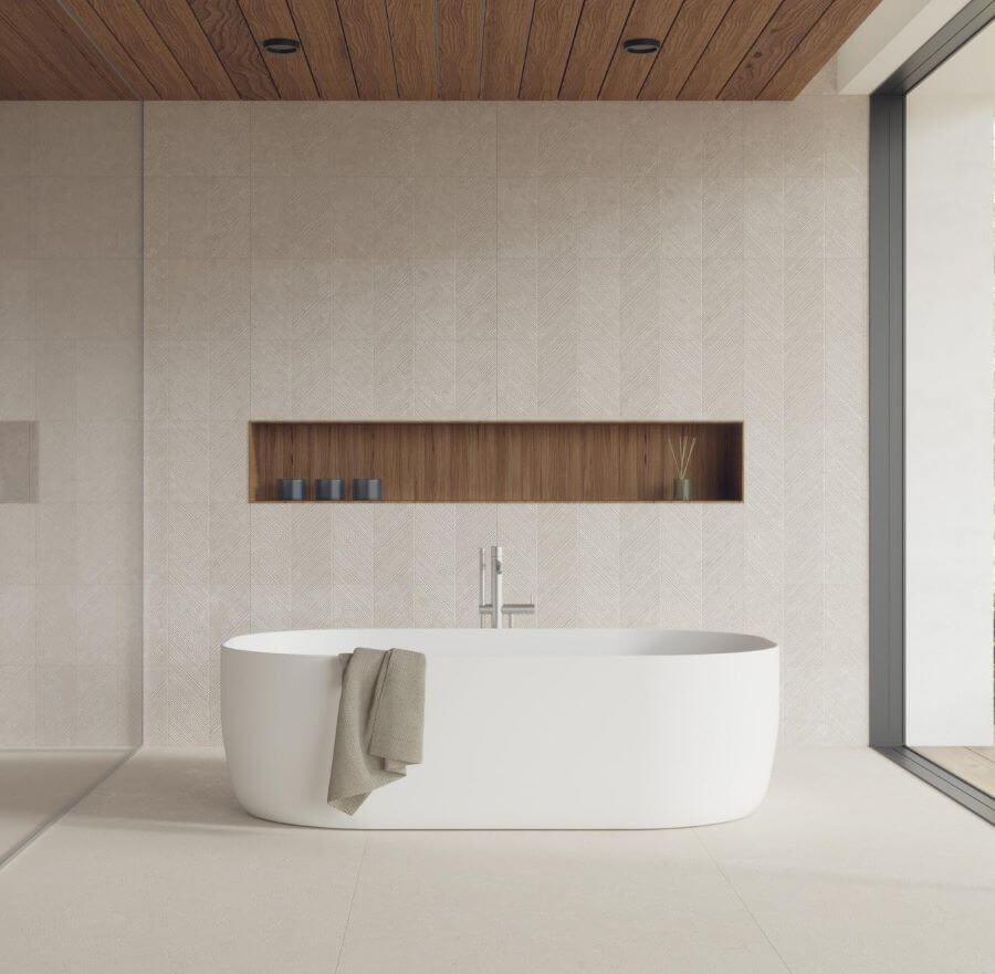 LARGE-FORMAT-PORCELAIN-BATHROOM-TILES-ABODE-SAND. Image shows large format porcelain bathroom tiles