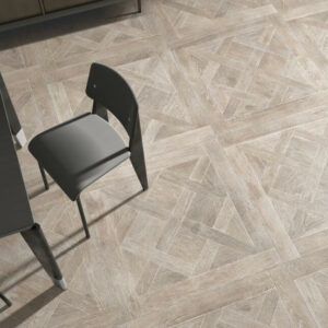 Louis Mocha. Image shows mocha porcelain floor tile that looks like wood in office