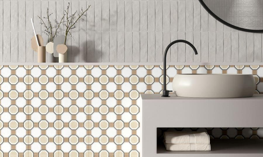 MOTIF-PATTERNED-WALL-TILE-SAND-GEO-1. Image shows patterned bathroom tiles