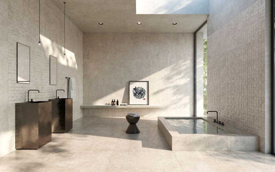 PORCELAIN-BATHROOM-TILES. Image shows Nest porcelain bathroom tiles with bath and vanity units