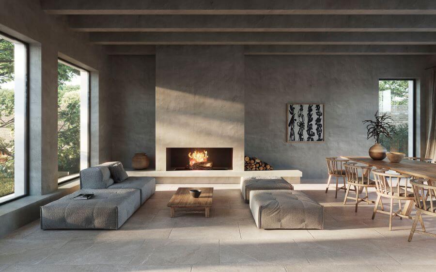 BLISS-STONE-LOOK-FLOOR-TILES-PARCHMENT. Image shows light taupe stone look floor tiles in open plan lounge with sofas and dining table and chairs