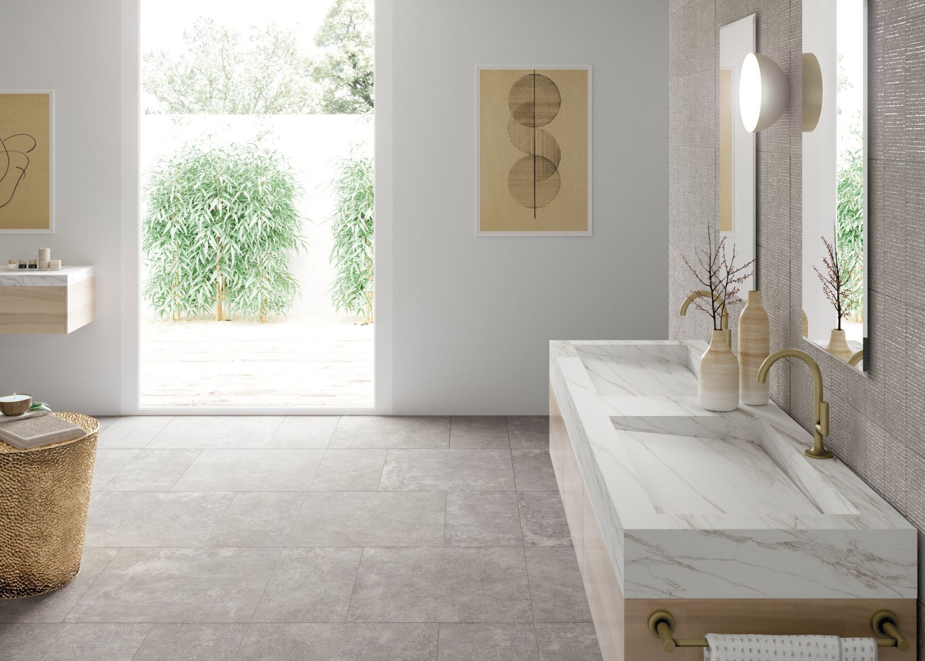 Images shows concrete look porcelain tiles in a bathroom.