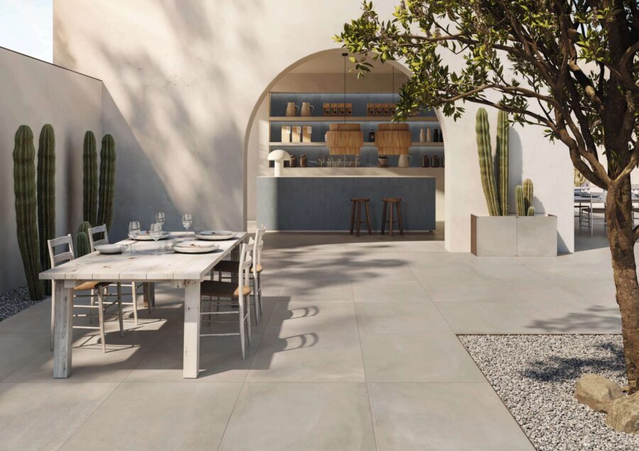 Image shows 2cm grey concrete look outdoor tiles.