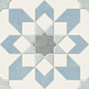 Arabesque Feature Floor Tiles. Image shows swatch of blue and grey flower patterned tile