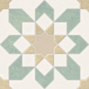 Arabesque Feature Floor Tiles. Image shows swatch of green and taupe flower patterned tile