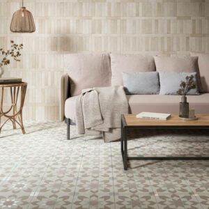 Arabesque Feature Floor Tiles. Image shows pink and taupe flower patterned tile to lounge floor