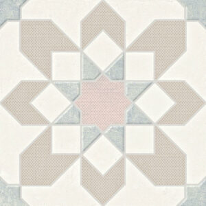 Arabesque Feature Floor Tiles. Image shows swatch of pink and taupe flower patterned tile