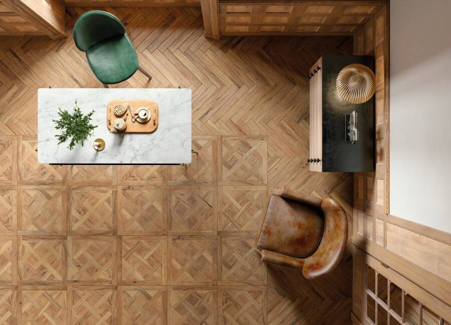 TANGLE-RUSTIC-WOOD-CERAMIC-TILE-HALLWAY. Image shows rustic wood ceramic tile in hallway with green chair, a brown chair and a marble table