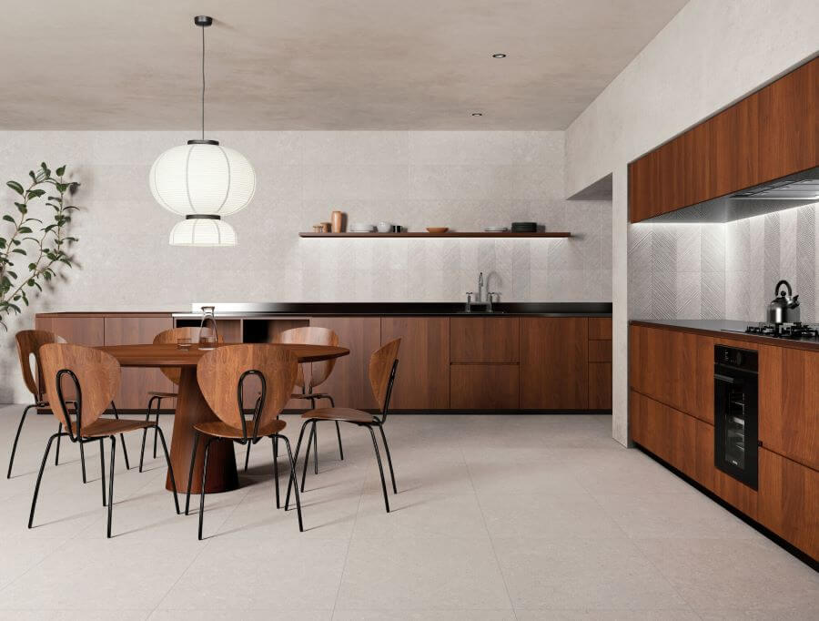 Abode Silver. Image shows silver limestone porcelain tile in kitchen