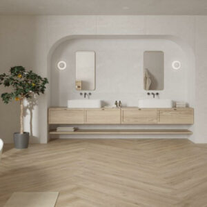 ABODE-WHITE-LIMESTONE-PORCELAIN-TILE-BATHROOM2. Image shows white limestone porcelain tile in bathroom with wood effect tile to floor