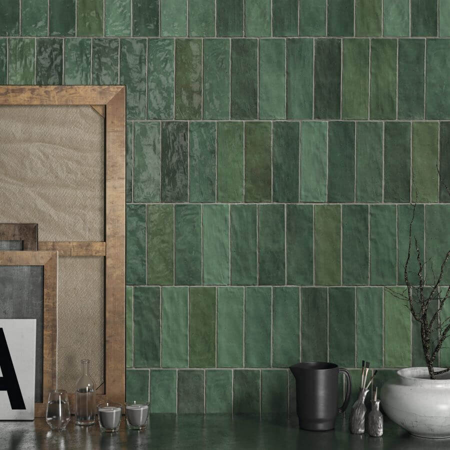 ADORE-BOTTLE-GREEN-CERAMIC-SPANISH-TILE. Image shows green ceramic Spanish tile in kitchen