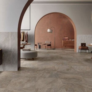 ALPINE-MOCHA-QUARTZ-EFFECT-PORCELAIN-TILE. Image shows brown quartz effect porcelain tile in retail area with office