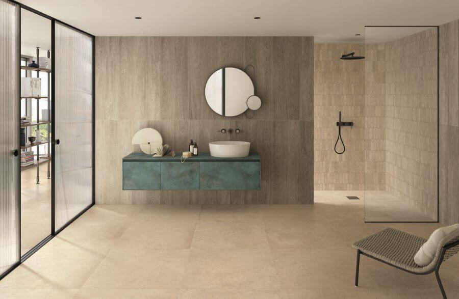 ARTISAN-ROPE-CONCRETE-LOOKING-TILES. Image shows cream concrete looking tiles on bathroom floor with vanity unit