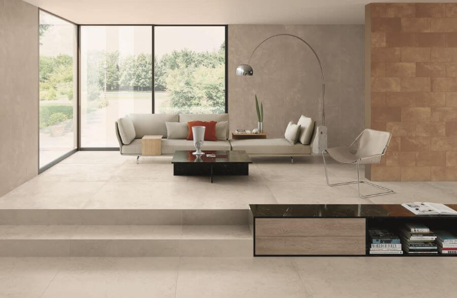 Artisan Salt. Image shows white concrete looking tiles in open plan lounge