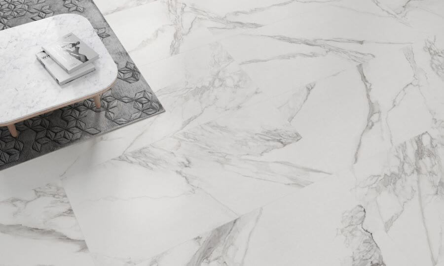 Carerra Argent. Image shows large format marble porcelain tile with grey veining