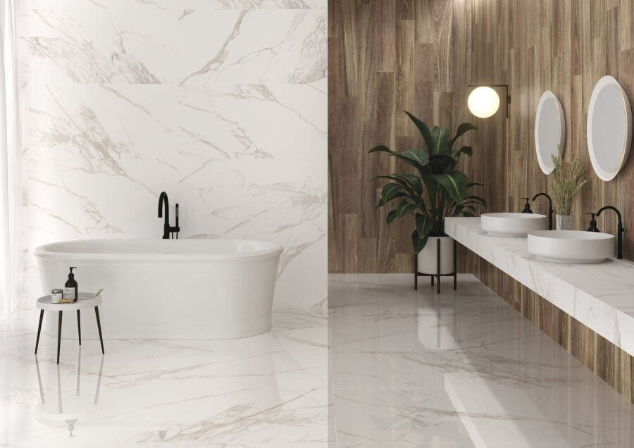 Carerra Oro. Image shows bathroom with large format marble porcelain tile with gold veining