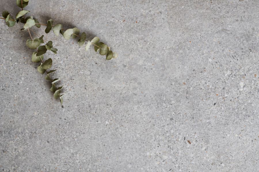 DEFINE-SILVER-TERRAZZO-EFFECT-CLOSEUP. Image shows silver terrazzo effect porcelain tile close up with plant