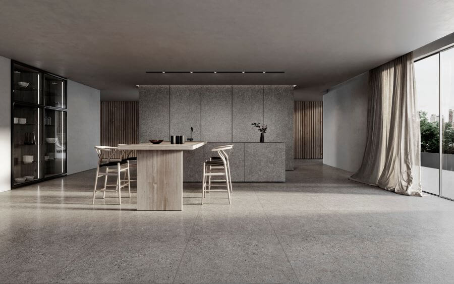 Define Silver. Image shows silver terrazzo effect porcelain tile in kitchen