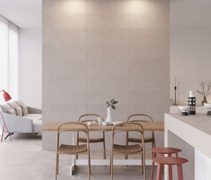 DOCKLANDS-BEIGE-CEMENT-CERAMIC-TILE-ARROW. Image shows beige cement ceramic tile with arrow design as feature wall in kitchen