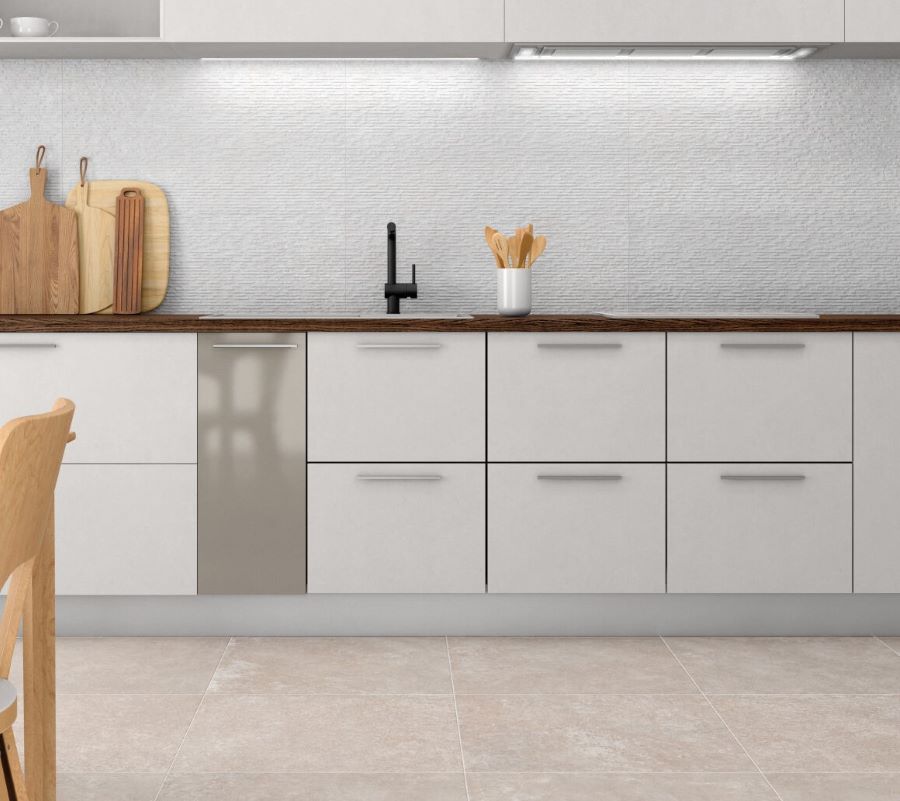 DOCKLANDS-WHITE-CEMENT-CERAMIC-TILE-SWATCH-THREAD. Image shows white cement ceramic tile as kitchen splashback with cupboards