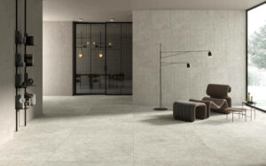 ETHOS-CLOUD-STONE-LOOK-PORCELAIN-TILE. Image shows stone look porcelain tile in open plan lounge