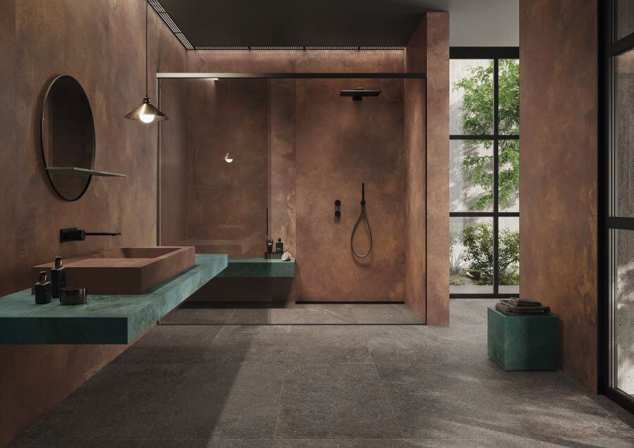 FORGE-BRONZE-PORCELAIN-METALLIC-BATHROOM-TILES. Image shows bronze metallic tiles in bathroom