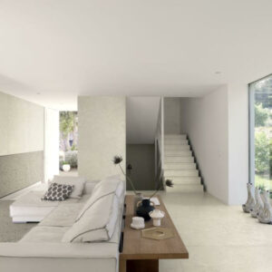 FUSION-TEMPER-LIMESTONE-PORCELAIN-TILES. Image shows off-white limestone porcelain tiles in lounge and stairs