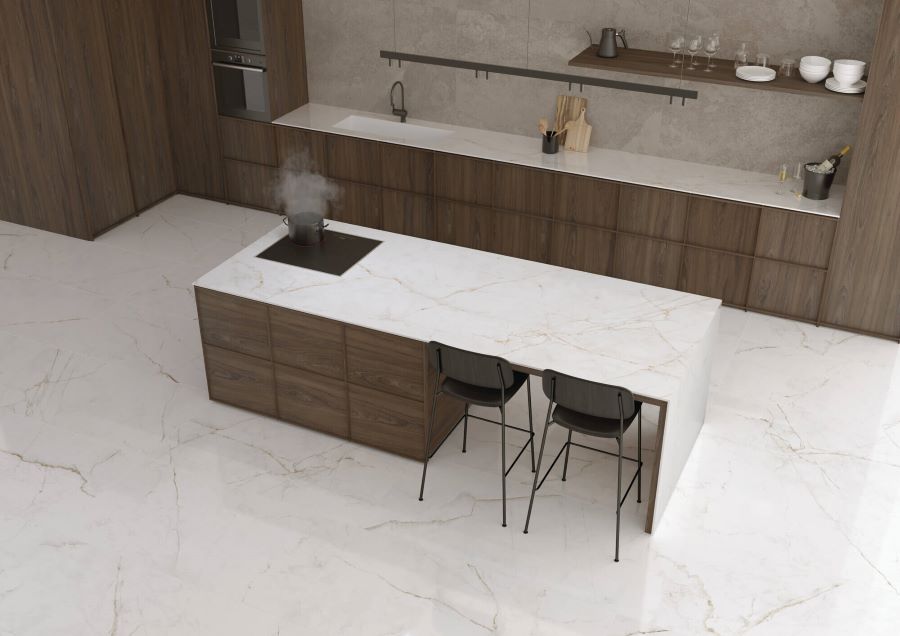 JEWEL-MARBLE-EFFECT-PORCELAIN-TILE. Image shows white marble effect porcelain tile with nutmeg veins on kitchen floor with island unit