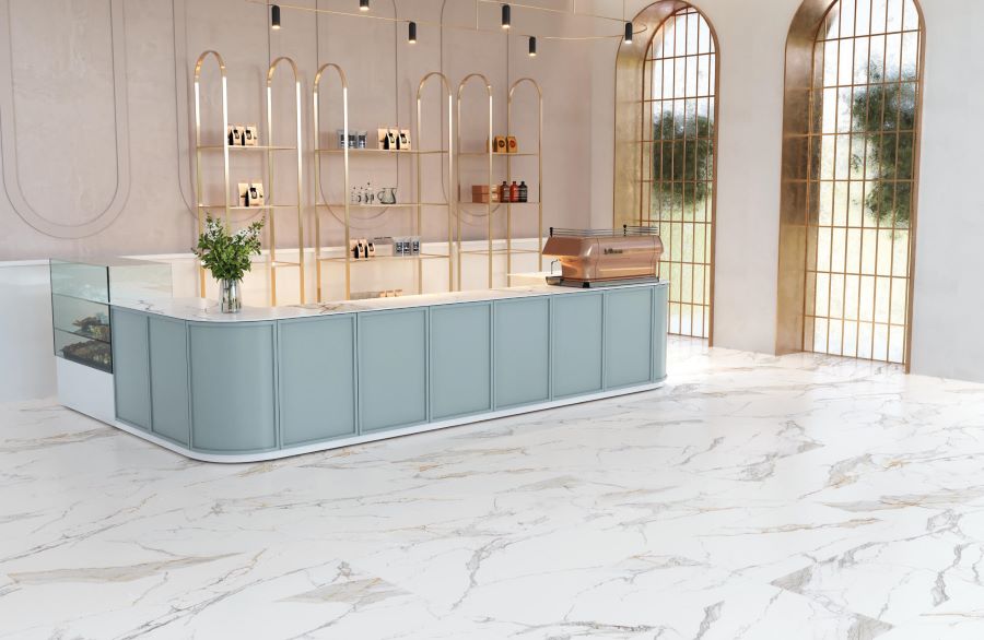 Macchia Vecchia. Image shows macchia vecchia marble effect porcelain tile in cafe with light blue servery