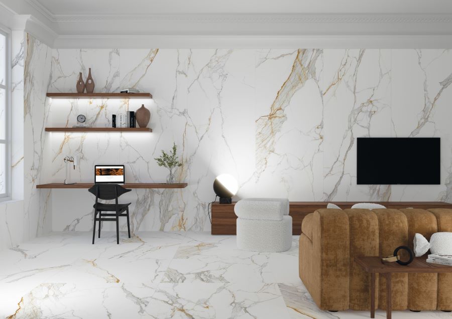 Macchia Vecchia. Image shows macchia vecchia marble effect porcelain tile in lounge