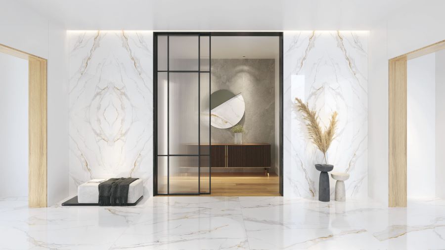 Macchia Vecchia. Image shows macchia vecchia marble effect porcelain tile in entrance hall with opaque doors