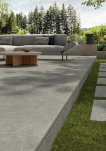 POISE-SILVER-2CM-OUTSIDE-PORCELAIN. Image shows porcelain outside tiles on patio