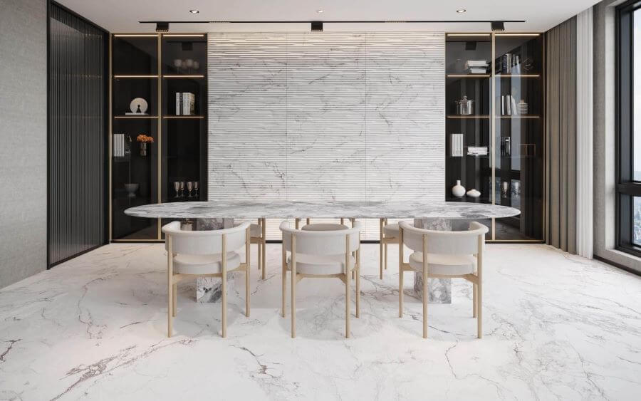 Symphony. Image shows white marble effect porcelain tile swatch with charcoal veining in dining area