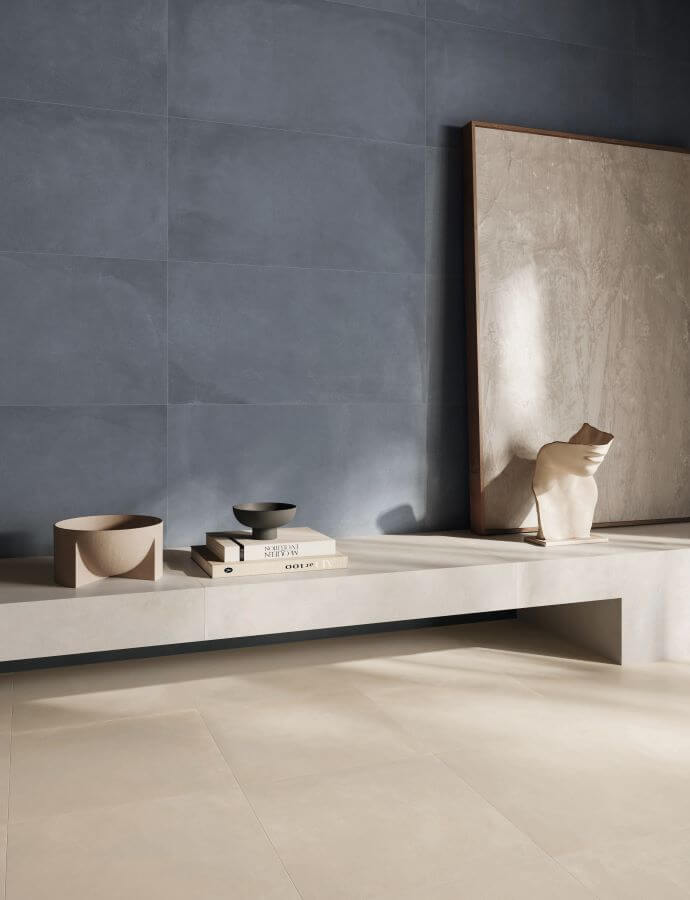 TONE-HAZE-120X60-NEW-PORCELAIN-TILES-WALL. Image shows blue porcelain tiles on a wall in lounge