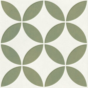 BLOOM-GREEN-PORCELAIN-FEATURE-TILES. Image shows swatch of green and white patterned tile.