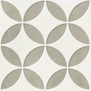 BLOOM-OATMEAL-PORCELAIN-FEATURE-TILES. Image shows swatch of oatmeal and white patterned feature tile