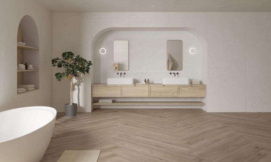 SERENITY-TAUPE-WOOD-PLANK-PORCELAIN-TILE. Image shows taupe wood plank porcelain tile in bathroom