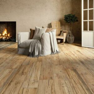 VIBE-RUSTIC-WOOD-EFFECT-TILE-SWATCH. Image shows rustic wood effect tile on floor of lounge