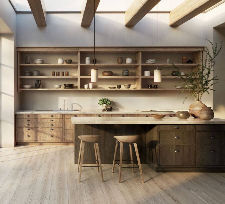 Image shows Knot porcelain wooden effect tiles in ash in kitchen with wooden units