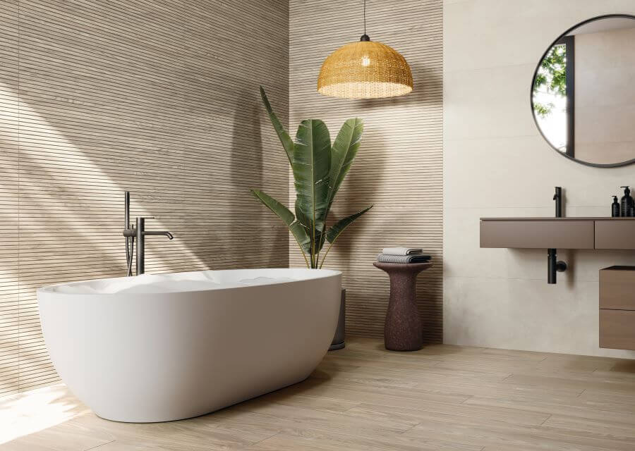 NORDIC-LIGHT-WOOD-LOOK-SLAT-TILE. Image shows wooden ceramic bathroom tile with bath