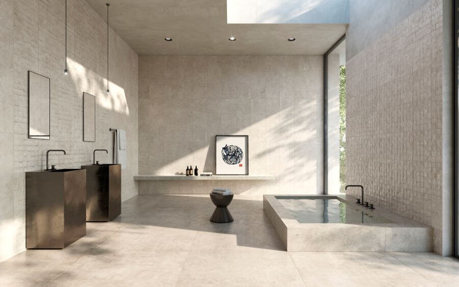 HOW TO CHOOSE BATHROOM TILES. IMAGE SHOWS BATHROOM WITH SPA LIKE BATH AND BEIGE TILES