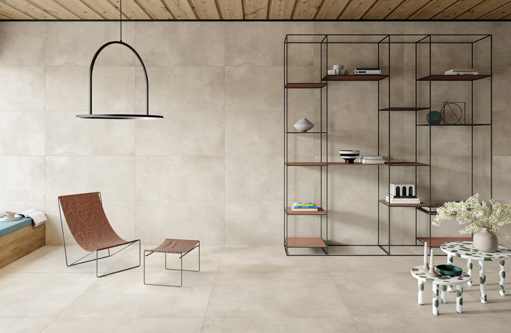 LARGE-WALL-TILES-STRIDE-ELEMENT. Image shows concrete effect wall tiles and floor tiles with shelving unit